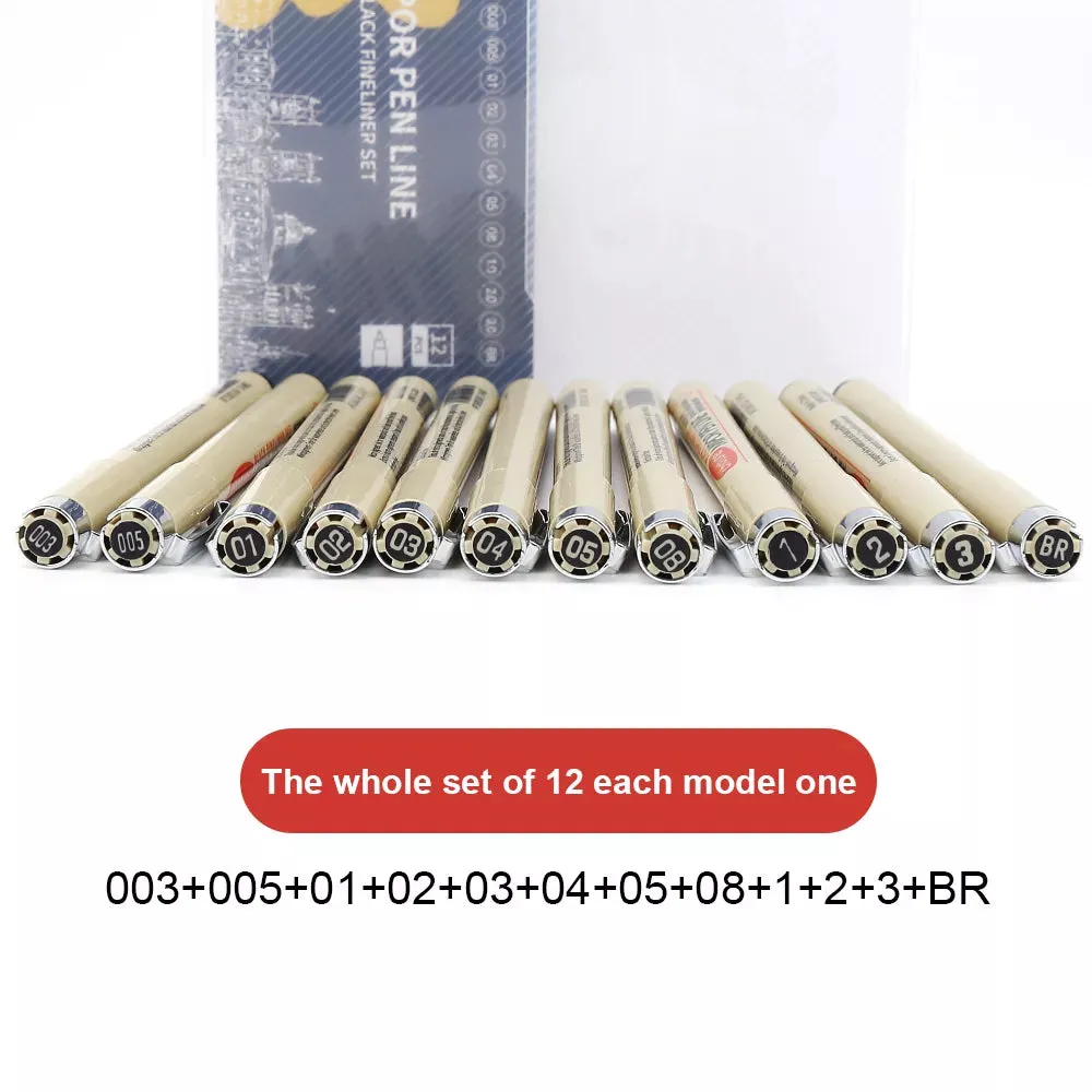 12-Tip Pigment Liner Micron Ink Marker Pen Set for Manga Drawing