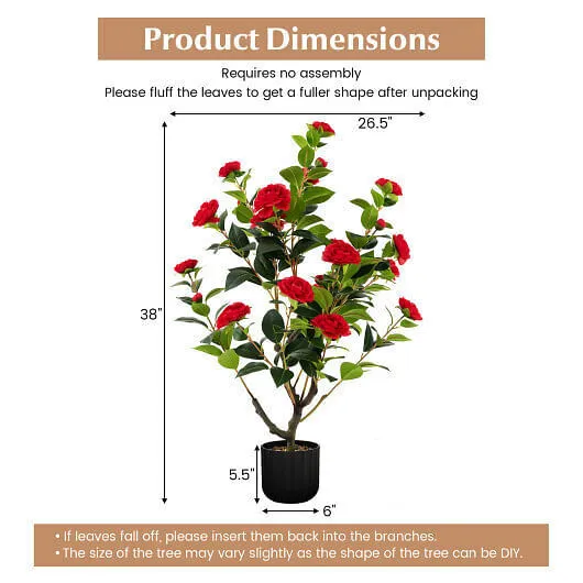 38 Inch Artificial Camellia Tree Faux Flower Plant in Cement Pot 2 Pack-Red - Co