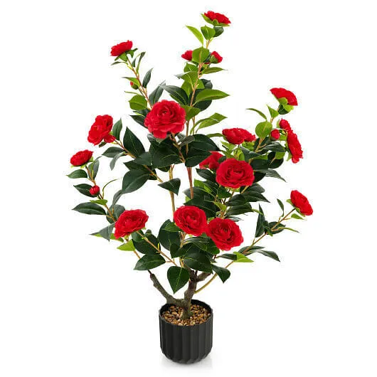 38 Inch Artificial Camellia Tree Faux Flower Plant in Cement Pot 2 Pack-Red - Co