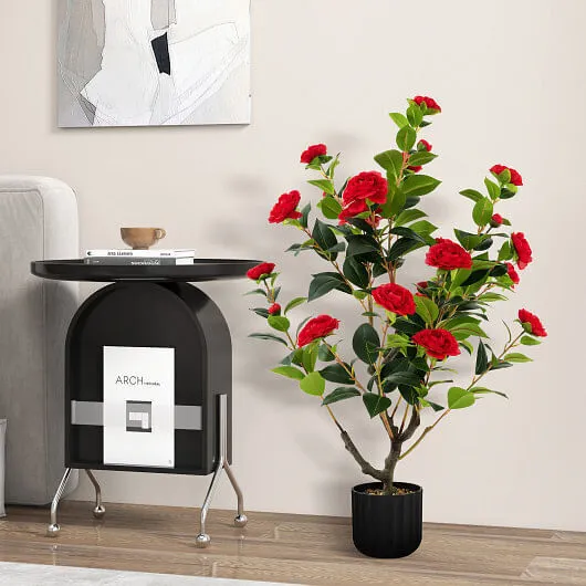 38 Inch Artificial Camellia Tree Faux Flower Plant in Cement Pot 2 Pack-Red - Co