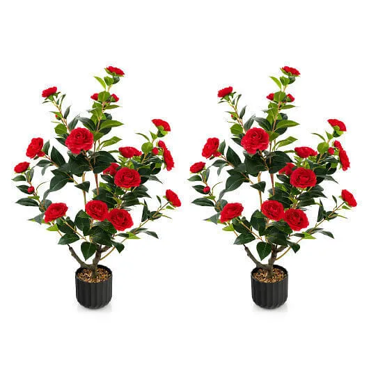 38 Inch Artificial Camellia Tree Faux Flower Plant in Cement Pot 2 Pack-Red - Co