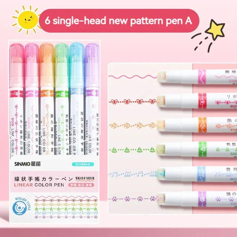 6-Piece Flower Line Highlighter Pen Set - Roller Tip Curve Liner Marker