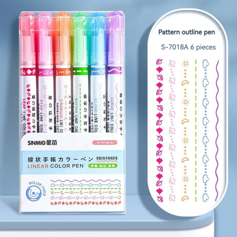 6-Piece Flower Line Highlighter Pen Set - Roller Tip Curve Liner Marker