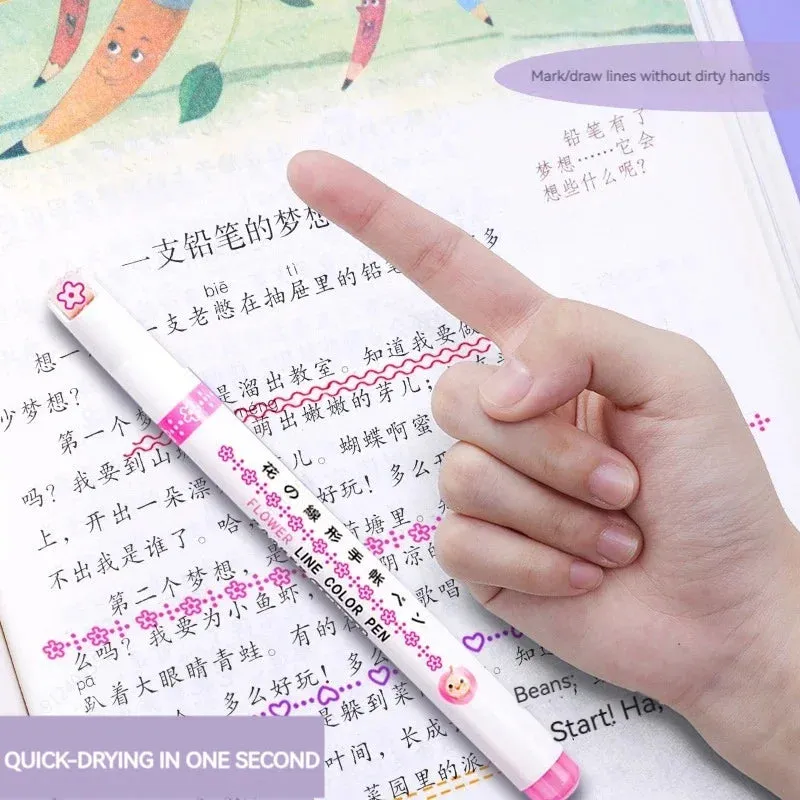 6-Piece Flower Line Highlighter Pen Set - Roller Tip Curve Liner Marker