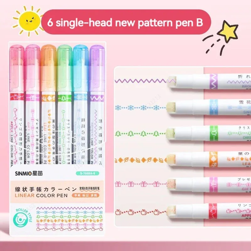 6-Piece Flower Line Highlighter Pen Set - Roller Tip Curve Liner Marker