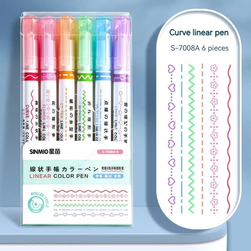 6-Piece Flower Line Highlighter Pen Set - Roller Tip Curve Liner Marker