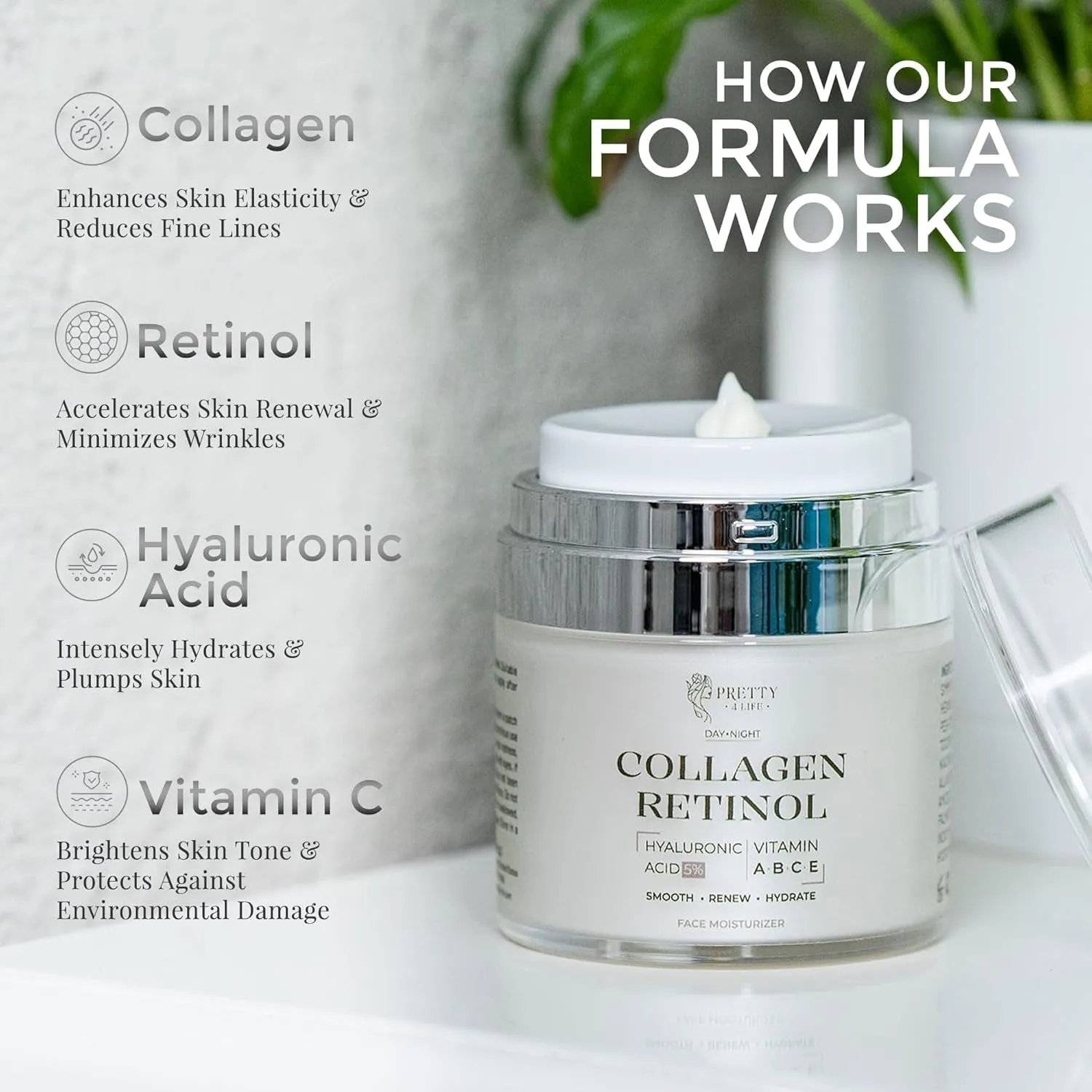 Advanced Anti-Aging Cream - Collagen, Retinol, Hyaluronic Acid & Vitamin C - Moisturizer for Face, Neck & Décolleté - Firms, Hydrates & Reduces Wrinkles - Day/Night Formula - 1.7 Oz