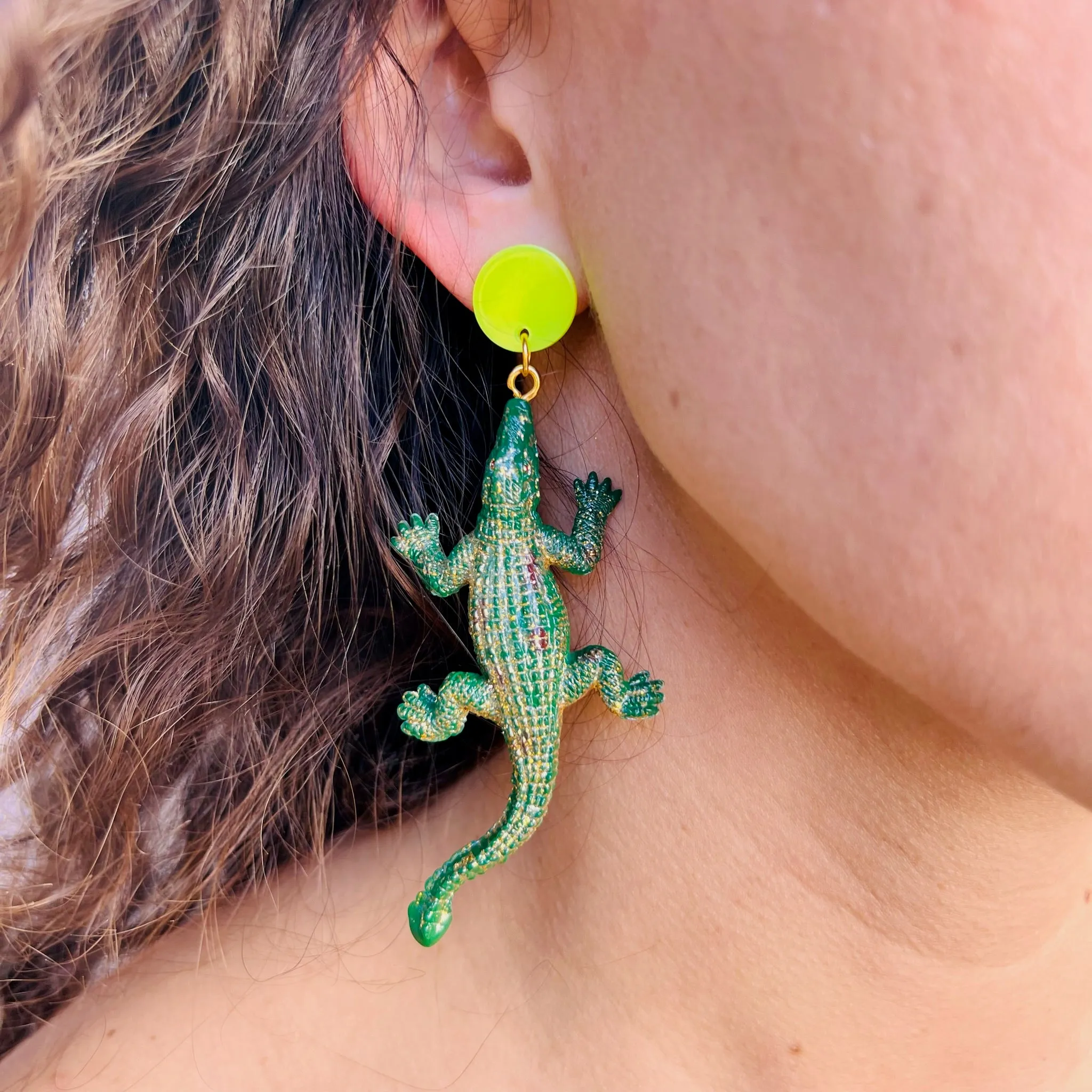 Alligator Earrings Green/Yellow