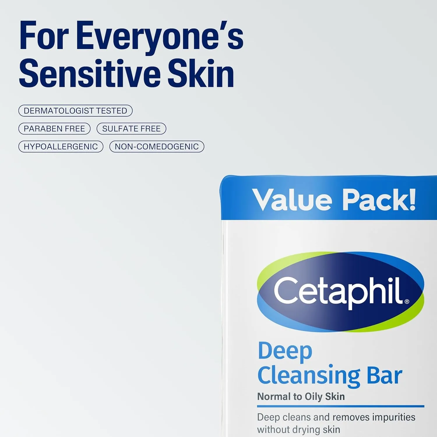Bar Soap, Deep Cleansing Face and Body Bar, Pack of 3, for Dry to Normal, Sensitive Skin, Soap Free, Hypoallergenic, Paraben Free, Fragrance Free, Removes Makeup, Dirt and Oil