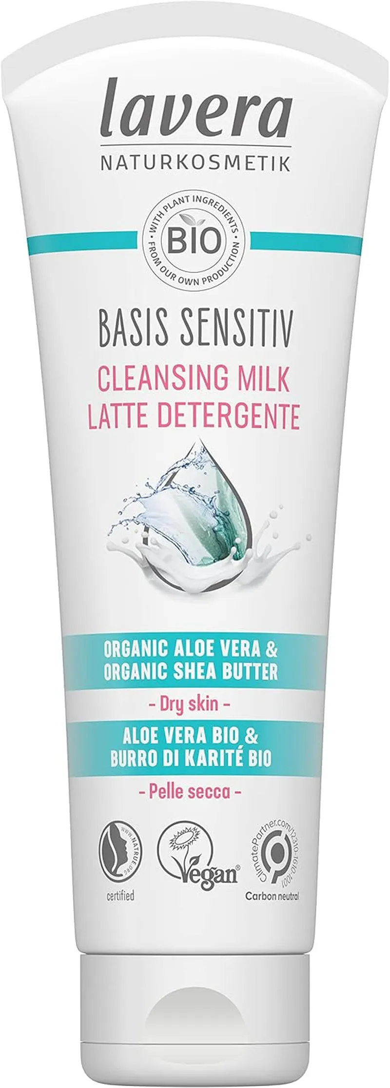 Basis Sensitive Cleansing Milk - Facial Cleanser with Organic Aloe Vera & Shea Butter for Soft Skin - Make up Remover - Face Wash - PETA Certified - Vegan - Made in Germany - 4.3 Fl Oz