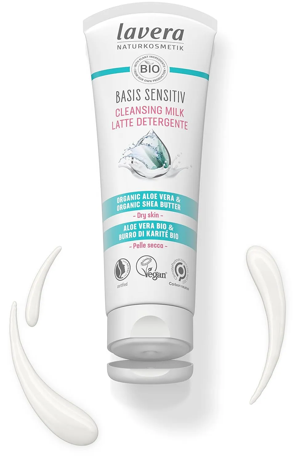 Basis Sensitive Cleansing Milk - Facial Cleanser with Organic Aloe Vera & Shea Butter for Soft Skin - Make up Remover - Face Wash - PETA Certified - Vegan - Made in Germany - 4.3 Fl Oz