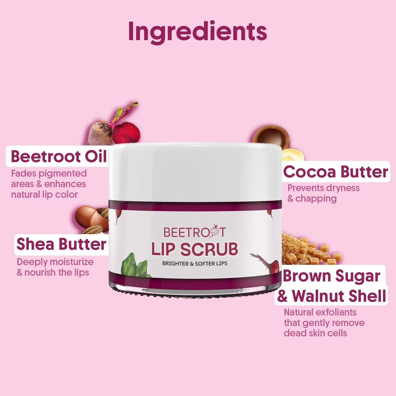 Beetroot Lip Scrub with Beetroots, Shea Butter & Cocoa Butter - for Dark, Chapped & Pigmented Lips - Repairs Damaged Lip - for Men and Women - 0.5 FL Oz / 15Gm