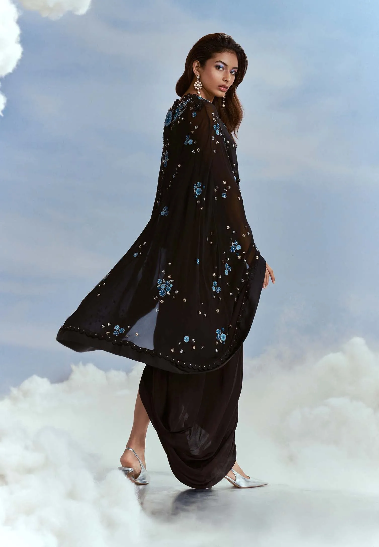 Black cape and draped skirt set
