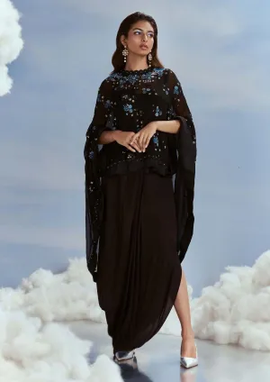 Black cape and draped skirt set