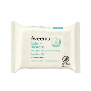 Calm   Restore Nourishing Makeup Remover Face Wipes, Fragrance Free Facial Cleansing Towelettes with Oat Extract & Calming Feverfew, Alcohol Free, 100% Plant-Based Cloth, 25 Ct