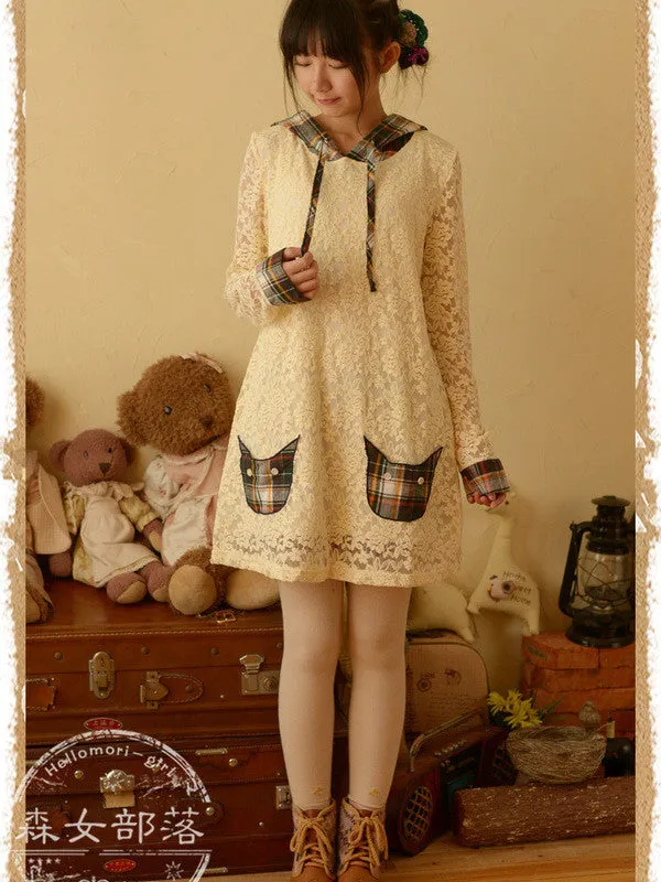 cat face plaid lace dress