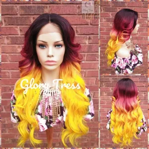 CLEARANCE // Wavy Lace Front Wig, Ombre Burgundy, Glory Tress, Ombre Yellow, Cosplay Wig, Heat Safe,// DIVA