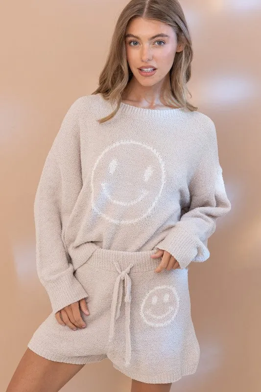 Cozy Smile Print Lounge Set – Oversized Soft Top & Drawstring Shorts