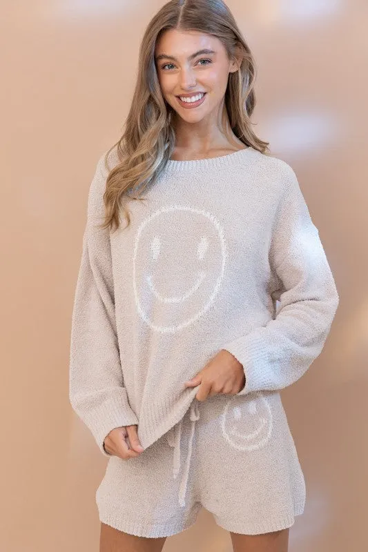 Cozy Smile Print Lounge Set – Oversized Soft Top & Drawstring Shorts