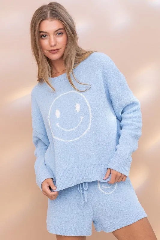Cozy Smile Print Lounge Set – Oversized Soft Top & Drawstring Shorts