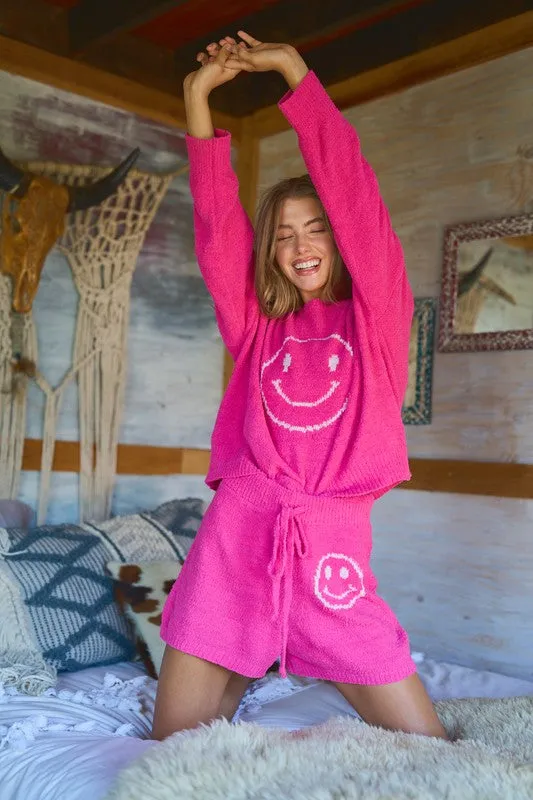 Cozy Smile Print Lounge Set – Oversized Soft Top & Drawstring Shorts