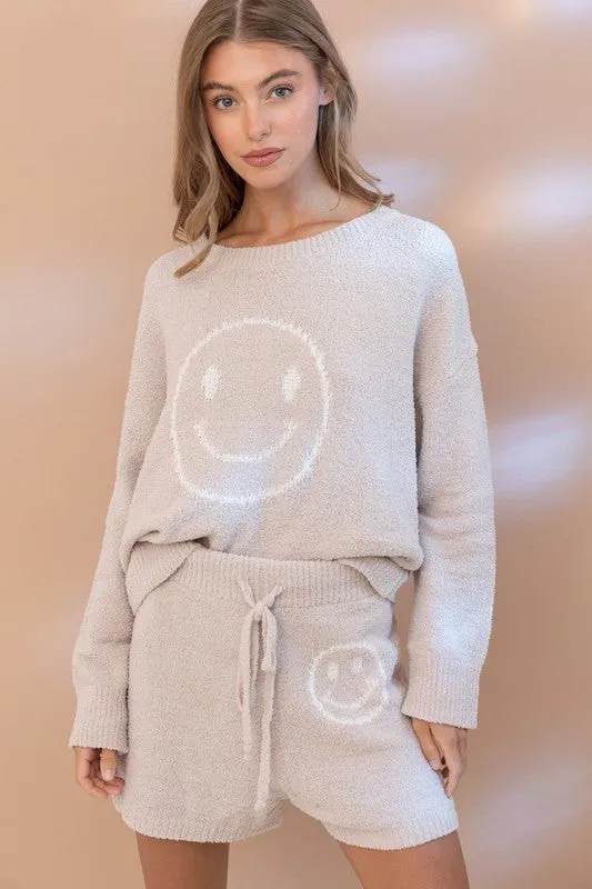 Cozy Smile Print Lounge Set – Oversized Soft Top & Drawstring Shorts