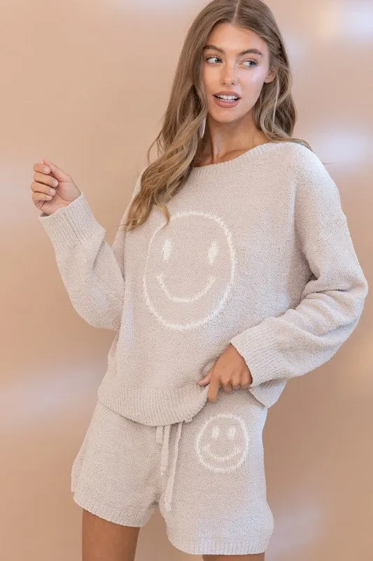 Cozy Smile Print Lounge Set – Oversized Soft Top & Drawstring Shorts