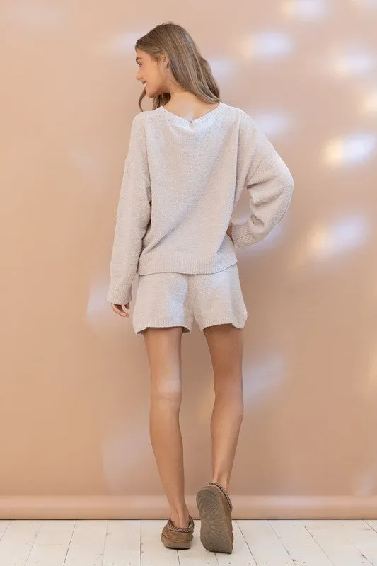 Cozy Smile Print Lounge Set – Oversized Soft Top & Drawstring Shorts