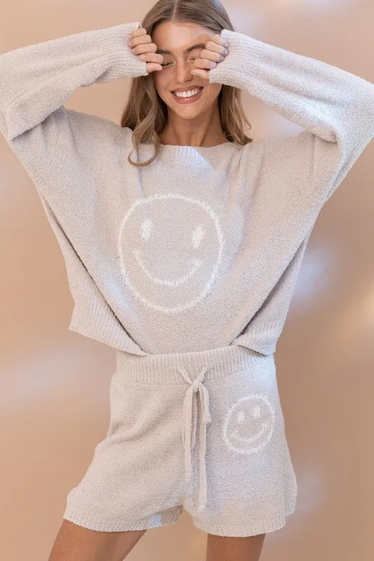 Cozy Smile Print Lounge Set – Oversized Soft Top & Drawstring Shorts