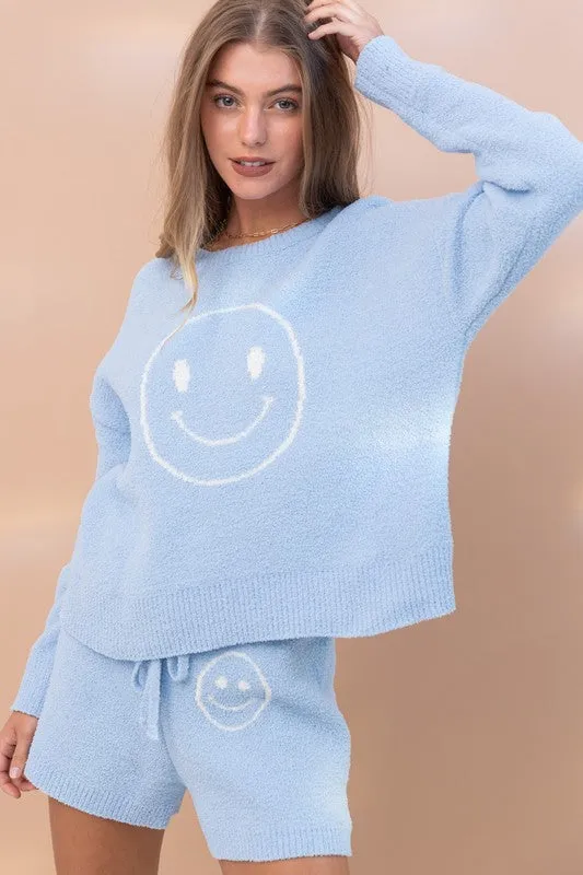 Cozy Smile Print Lounge Set – Oversized Soft Top & Drawstring Shorts