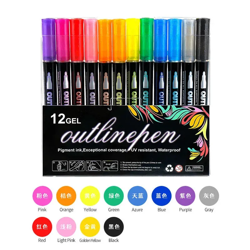 Double Line Outline Pens Set - Self-Outline Metallic Markers, Glitter Pens