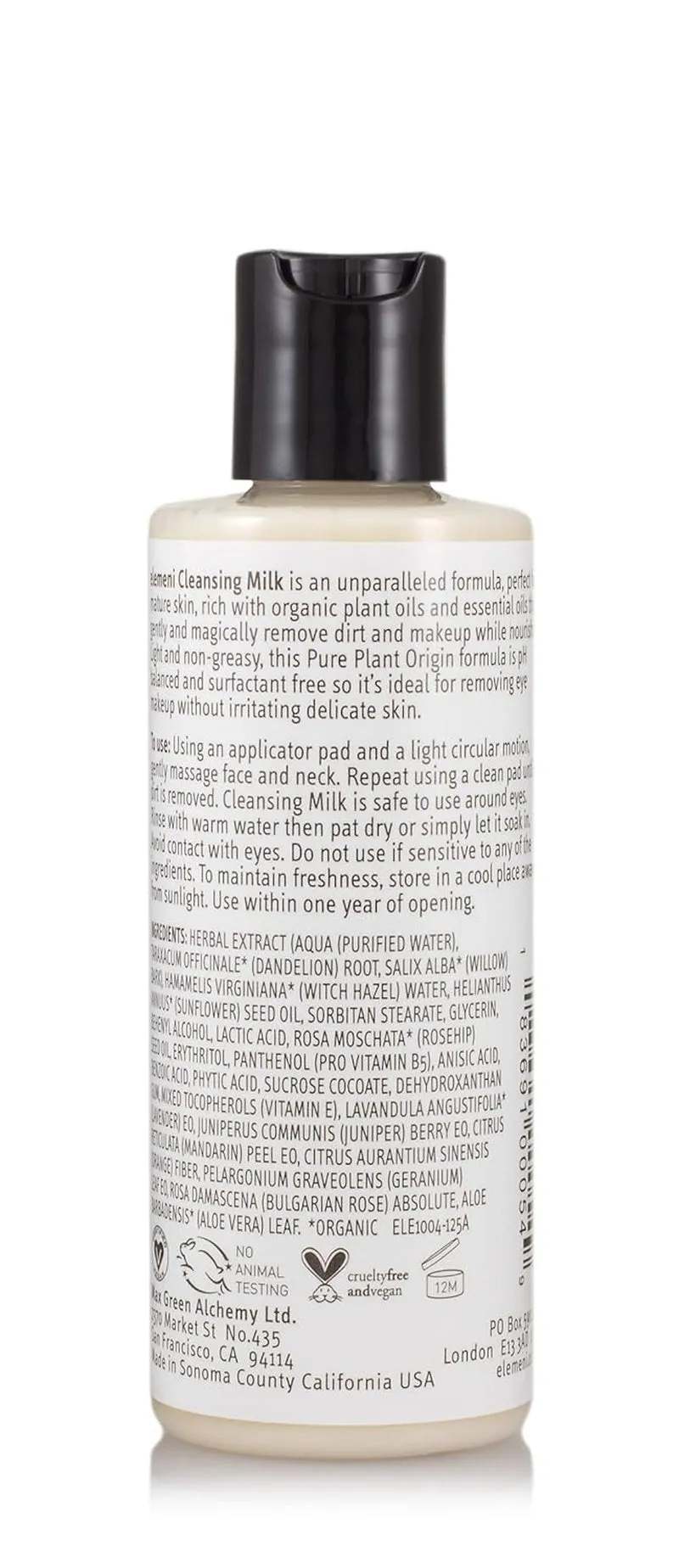 Elemeni Skin Care Cleansing Milk - Vegan Organic Makeup Remover | Ph Balanced Facial Cleanser Removes Dirt & Impurities | Oil Free Eye Makeup Remover & Gentle Cleanser for Sensitive Skin, 4.2 Fl Oz