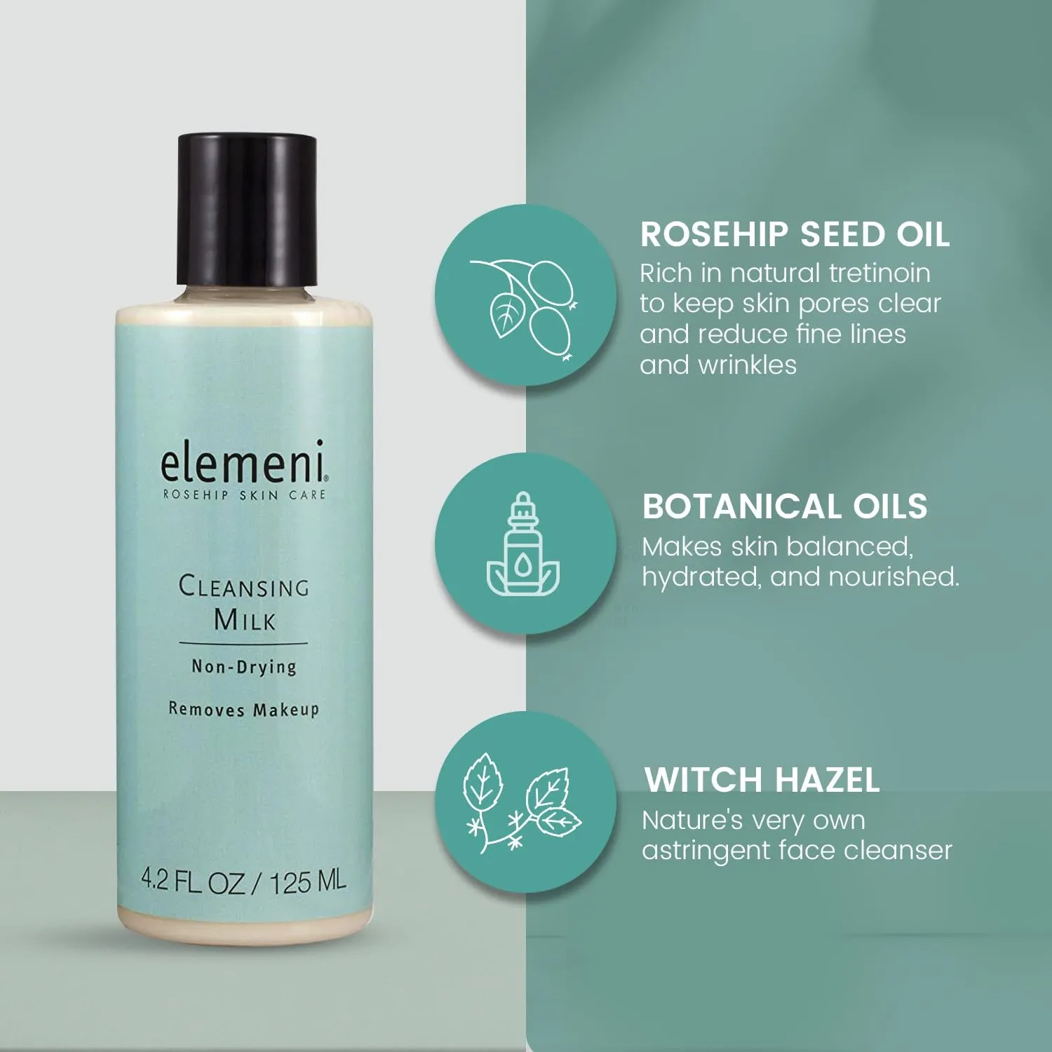 Elemeni Skin Care Cleansing Milk - Vegan Organic Makeup Remover | Ph Balanced Facial Cleanser Removes Dirt & Impurities | Oil Free Eye Makeup Remover & Gentle Cleanser for Sensitive Skin, 4.2 Fl Oz