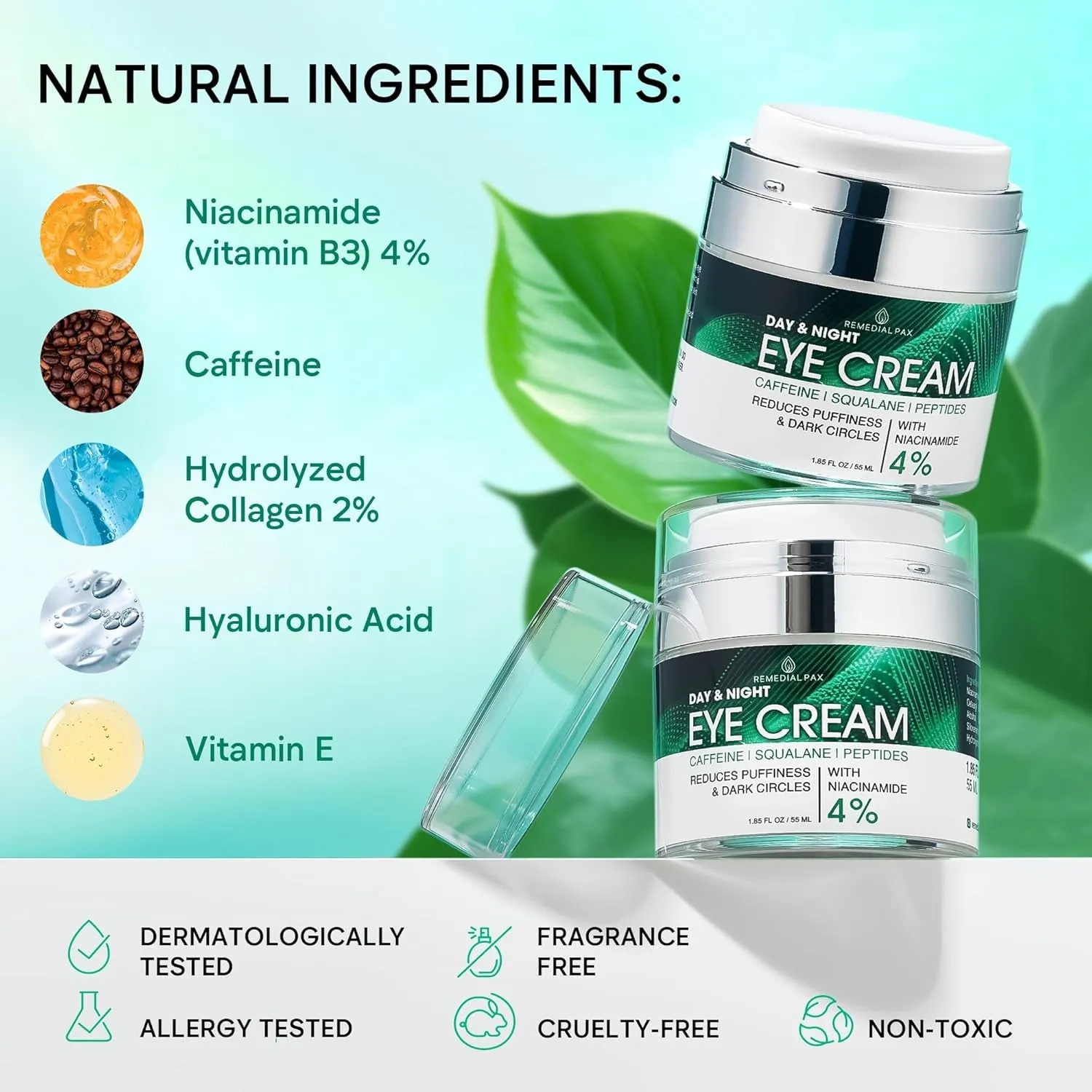 Eye Cream for Dark Circles and Puffiness, Bags under Eyes Treatment, Anti-Aging Collagen Eye Cream for Wrinkles, Day & Night Caffeine Eye Cream with Niacinamide Dimethicone