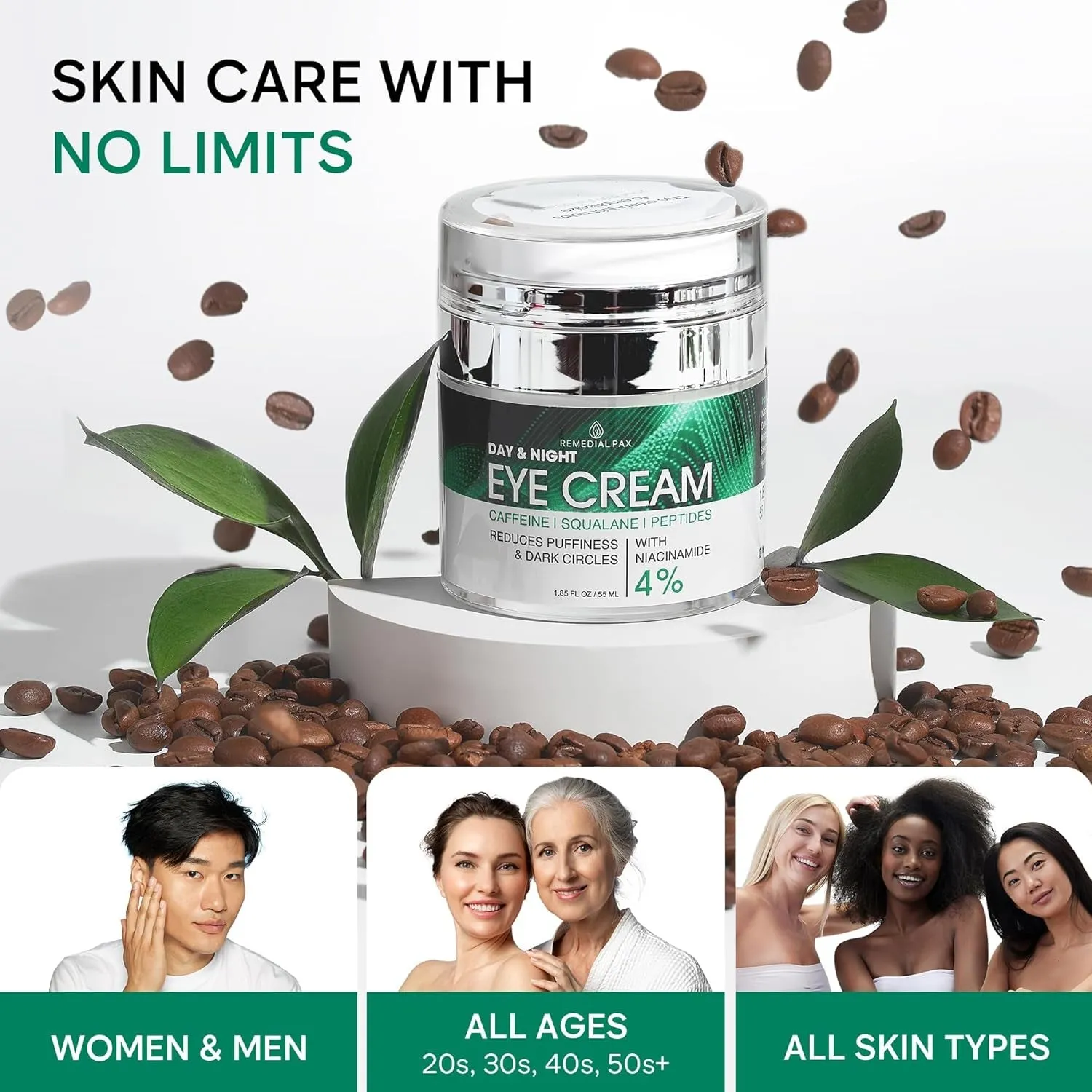 Eye Cream for Dark Circles and Puffiness, Bags under Eyes Treatment, Anti-Aging Collagen Eye Cream for Wrinkles, Day & Night Caffeine Eye Cream with Niacinamide Dimethicone