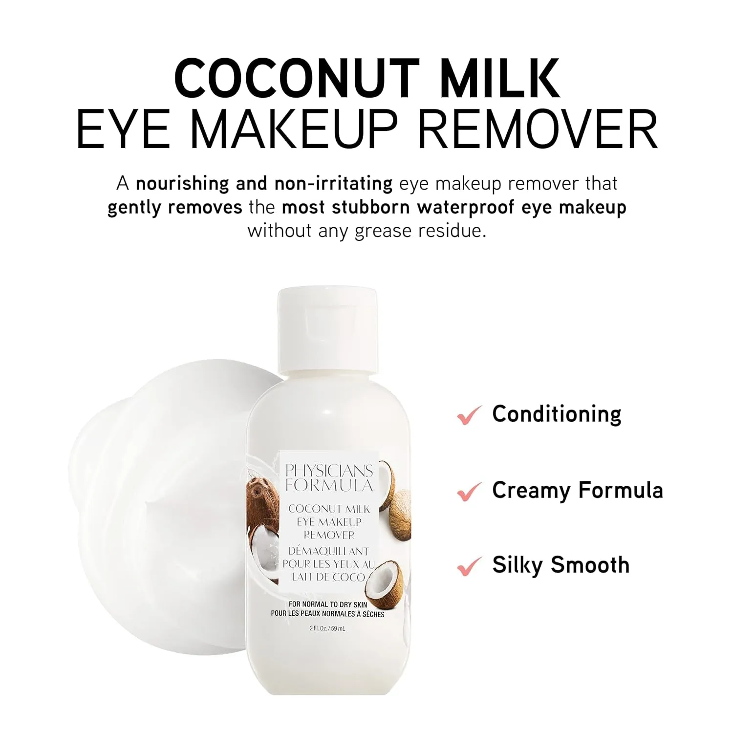 Eye Makeup Remover Coconut Milk Waterproof Eye Makeup Remover, Dermatologist Tested, Oil-Free, for Sensitive Skin, 2 Fl Oz (Pack of 1)
