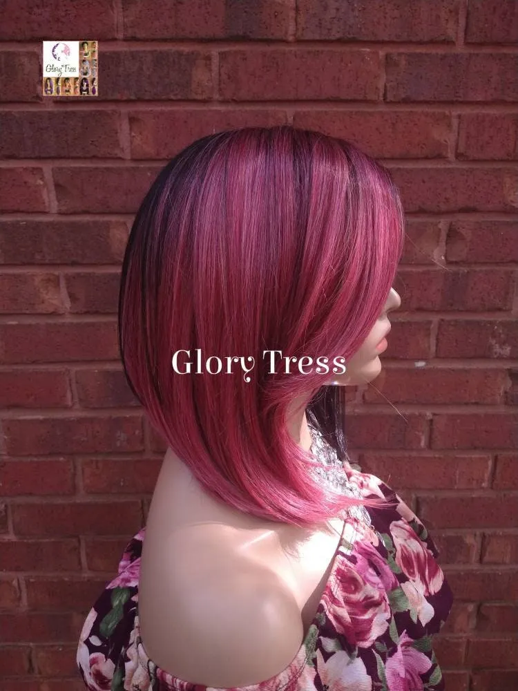 Full Bob Wig, Glory Tress, Long Layered Bob Wig, Ombre Pink & Black Wig,  Straight Full Wig, Lace Parting, Ready To Ship// UNIQUE