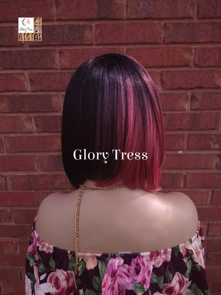 Full Bob Wig, Glory Tress, Long Layered Bob Wig, Ombre Pink & Black Wig,  Straight Full Wig, Lace Parting, Ready To Ship// UNIQUE