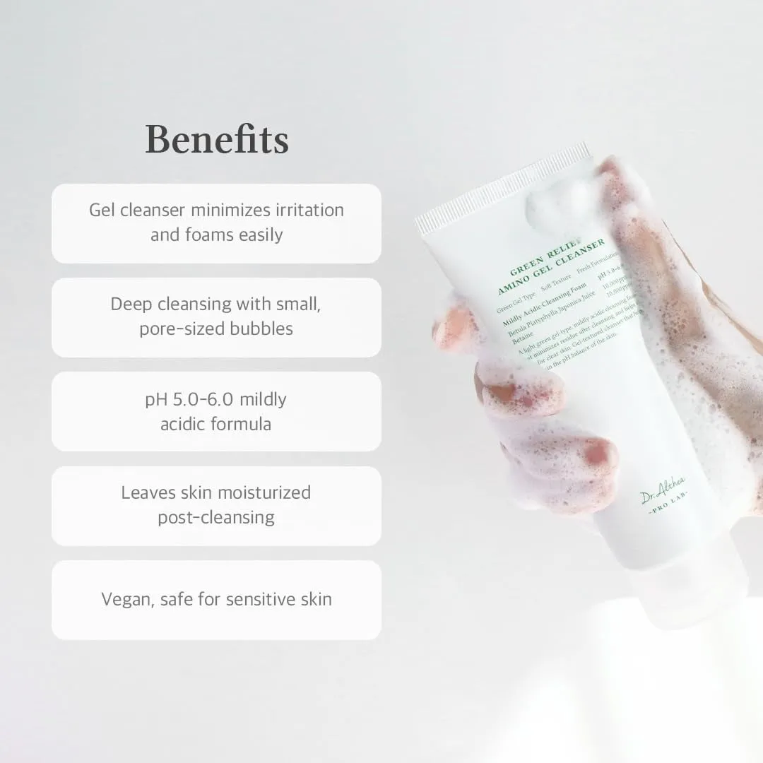 Green Relief Amino Gel Cleanser | Lightweight & Hydrating Makeup Remover | Daily Face Wash with Hyaluronic Acid | Korean Vegan Skincare for All Skin Types | 3.38 Fl Oz