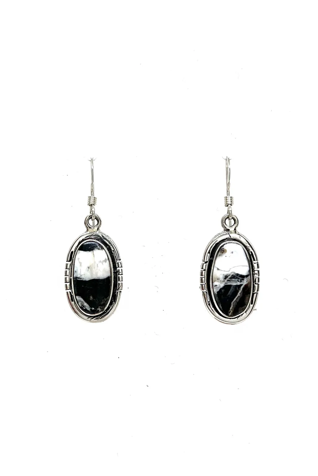 Handmade Navajo White Buffalo and Sterling Silver Oval Earrings