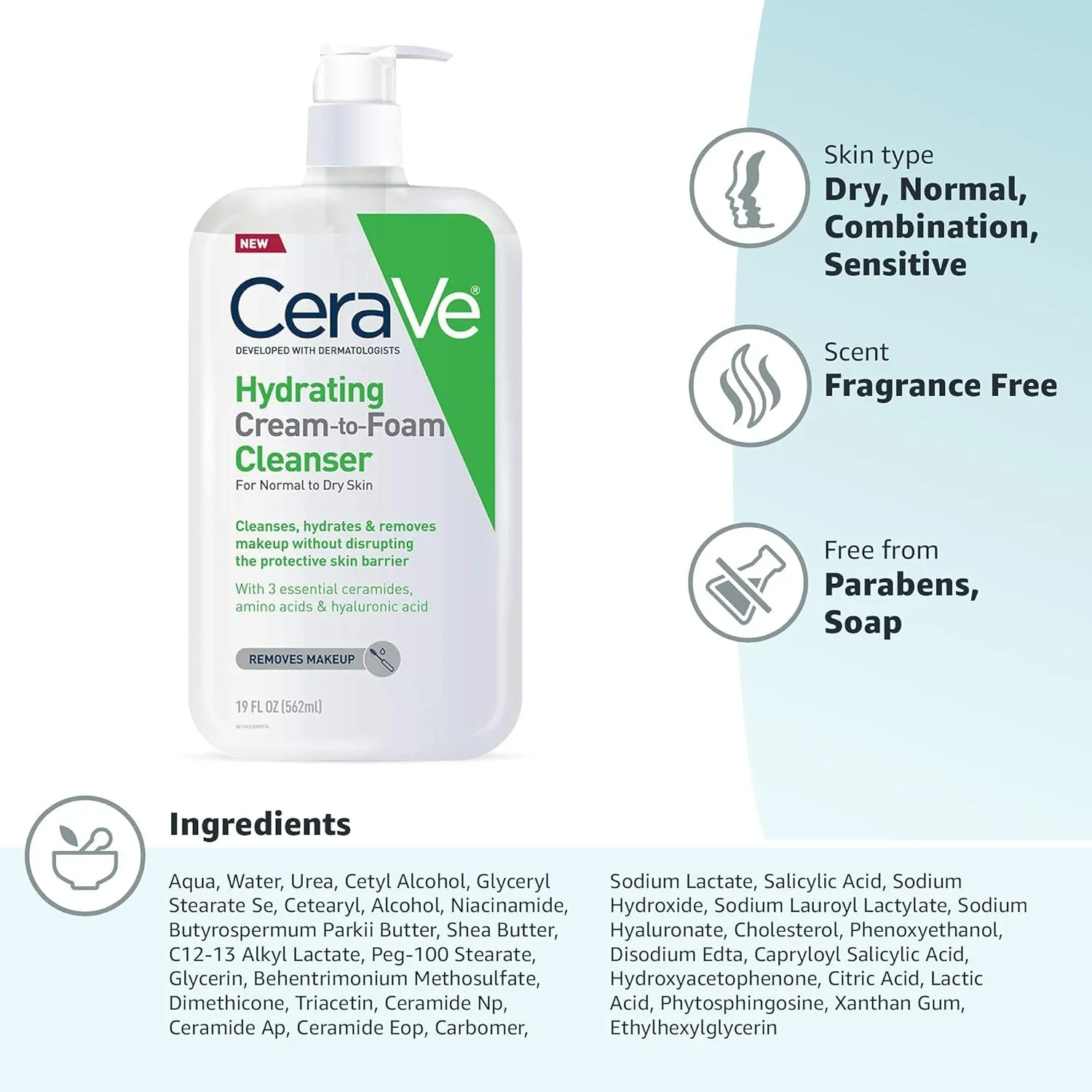 Hydrating Cream to Foam Cleanser, Makeup Remover Face Wash for Dry Skin, Foaming Facial Cleanser with Hyaluronic Acid, Normal to Dry Skin, Fragrance Free & Non Comedogenic, 19 Fluid Ounce
