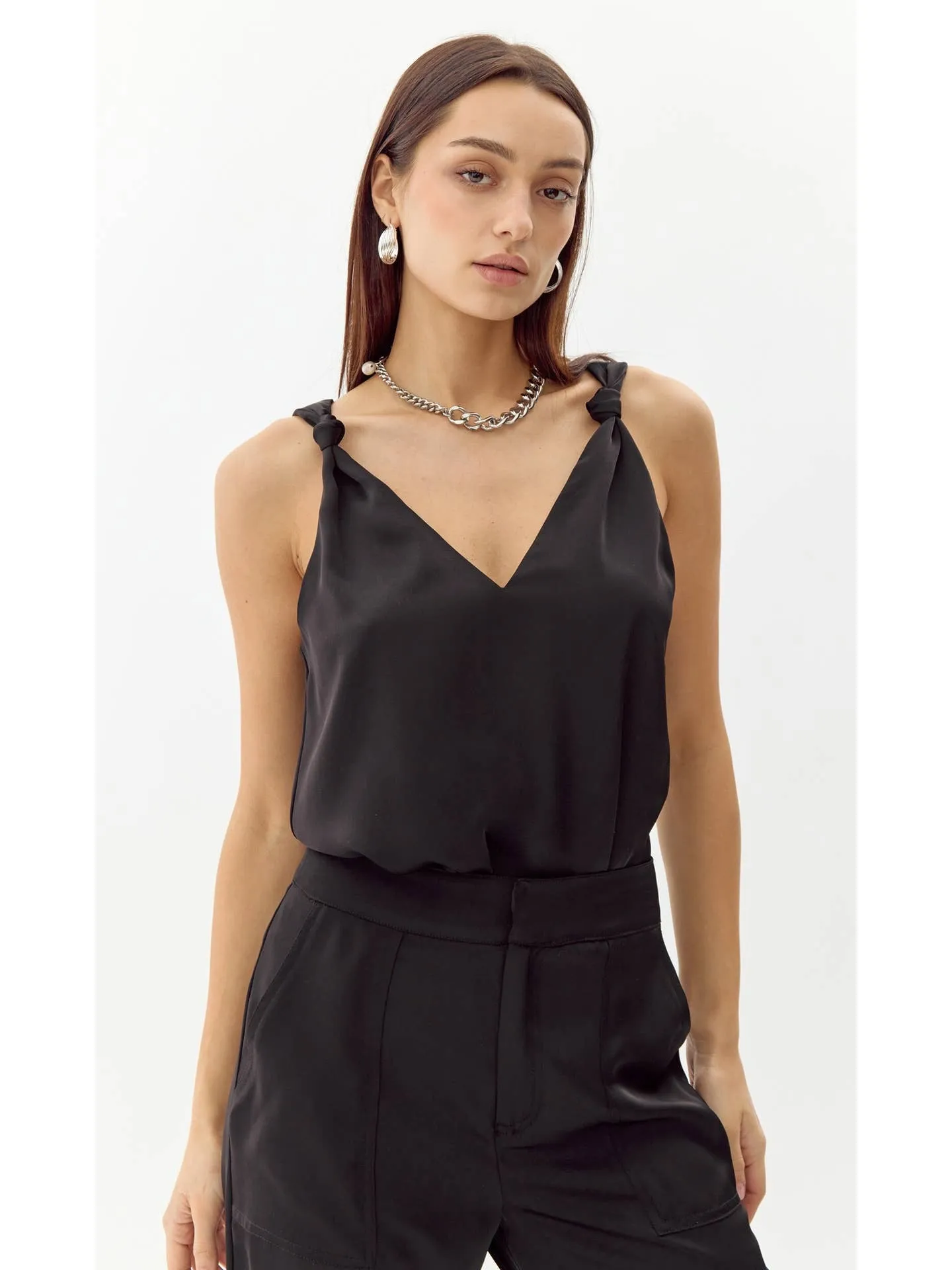 Kassi Shoulder Knot Satin Top in Black