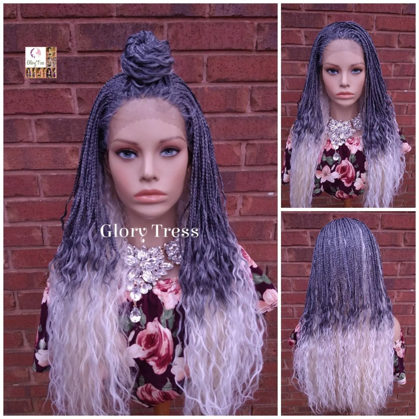 Lace Front Wig, Glory Tress, Braided Wig, African American Wig, Box Braid Wig, Blonde Wig, Ombre Silver Wig, Micro Braided Wig // JUSTICE4