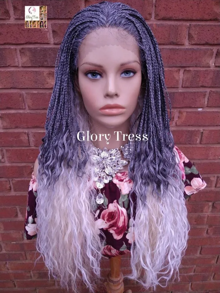 Lace Front Wig, Glory Tress, Braided Wig, African American Wig, Box Braid Wig, Blonde Wig, Ombre Silver Wig, Micro Braided Wig // JUSTICE4