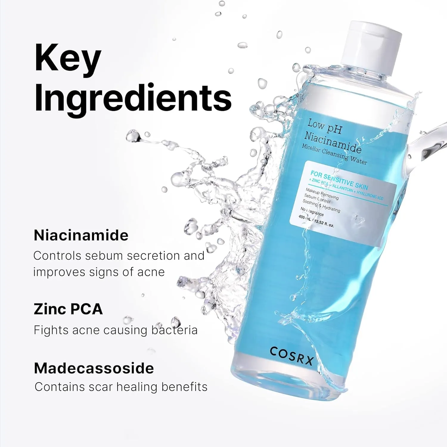 Low Ph Niacinamide Micellar Cleansing Water Daily Mild Facial Cleansing Wash for Sensitive Skin, Sebum Control, Korean Skin Care (13.52Fl.Oz/400Ml)