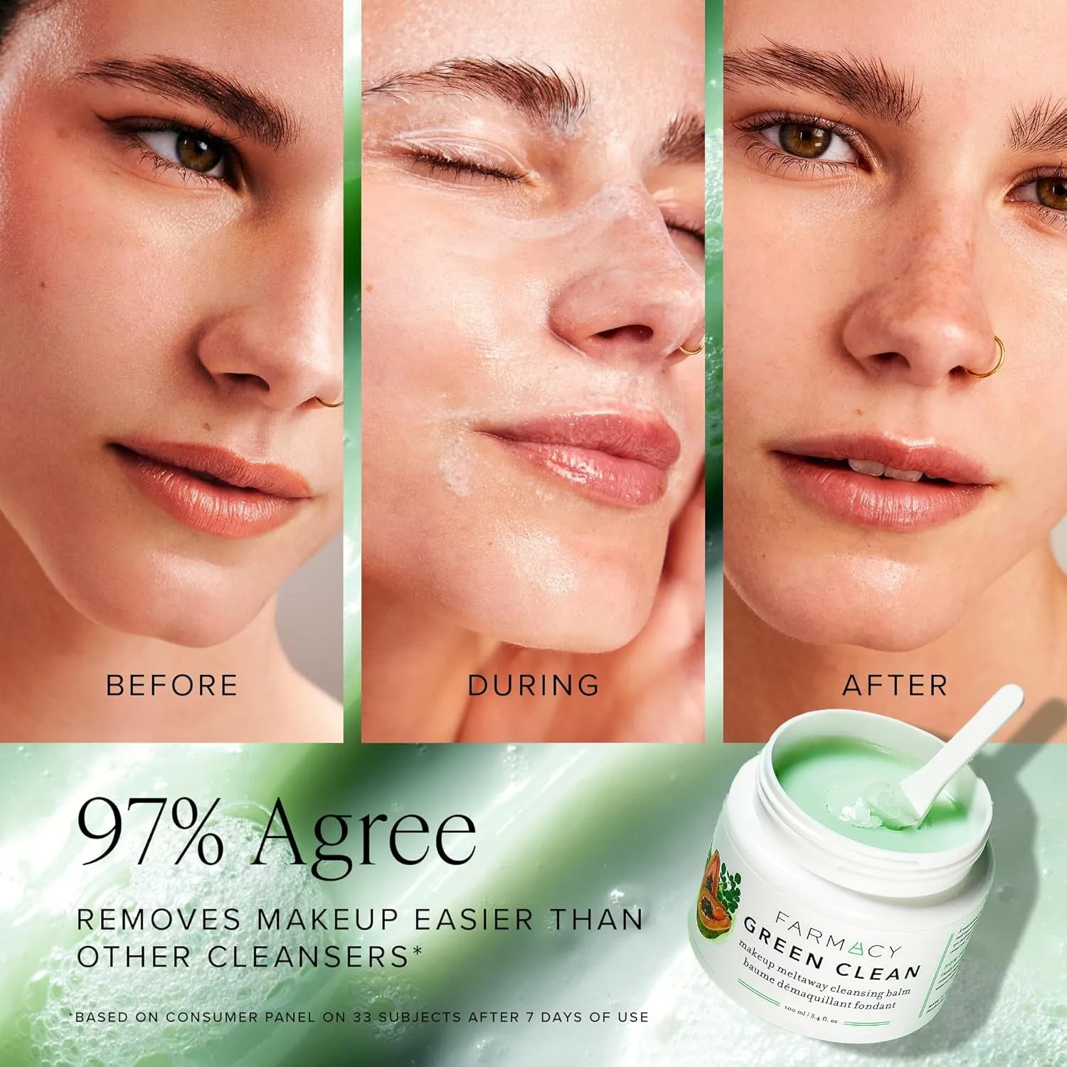 Makeup Remover Cleansing Balm - Green Clean Waterproof Makeup Remover   Oil Based Cleanser - Gentle Exfoliating Double Cleanser - Melts from Balm to Milky Lather (100Ml)