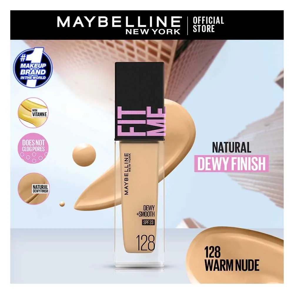 Maybelline Ny New Fit Me Dewy   Smooth Liquid Foundation Spf 23 - 128 Warm Nude 30Ml - For Normal To Dry Skin