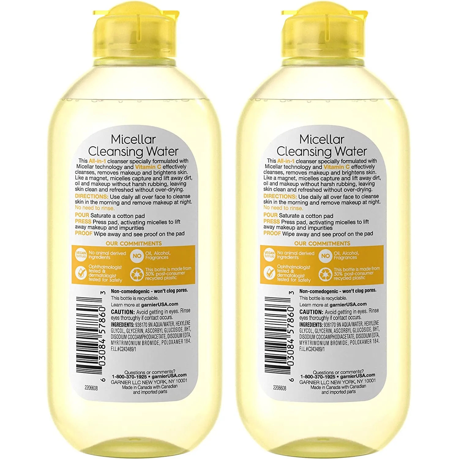 Micellar Water with Vitamin C, Facial Cleanser & Makeup Remover, Brightening & Hydrating, for All Skin Types, Vegan, Cruelty Free, 13.5 Fl Oz (400Ml), 2 Count