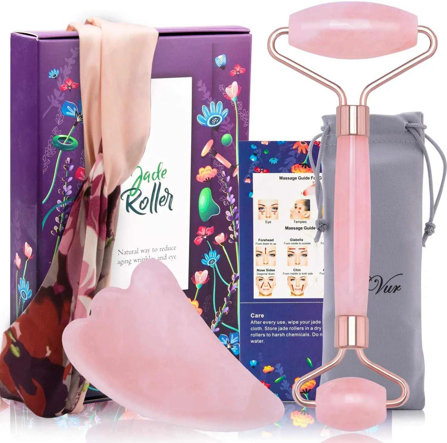 New in box! Rose Quartz Roller For Face & Gua Sha Set, 100% Natural Facial Roller Rose Quartz Massage Roller, Anti Aging Rose Quartz Gua Sha Scraping Massage Tool for Eyes Neck Body Wrinkles Puffiness, No Squeaks