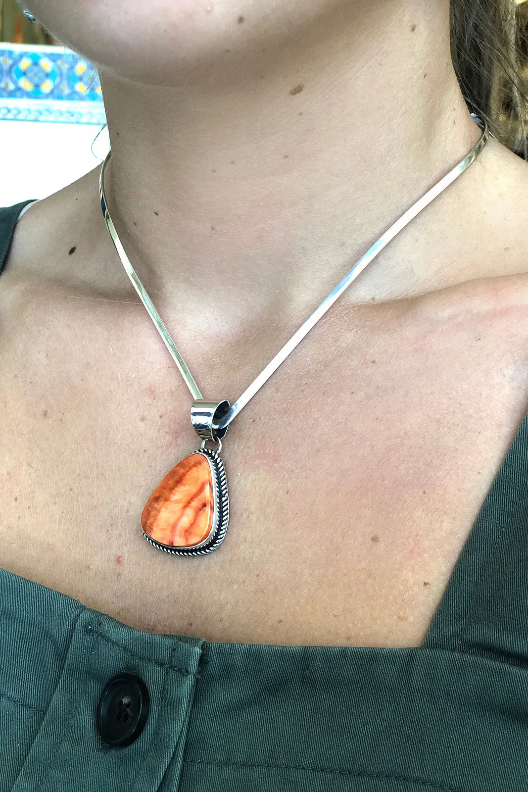 Orange Spiny Shell Silver Pendant